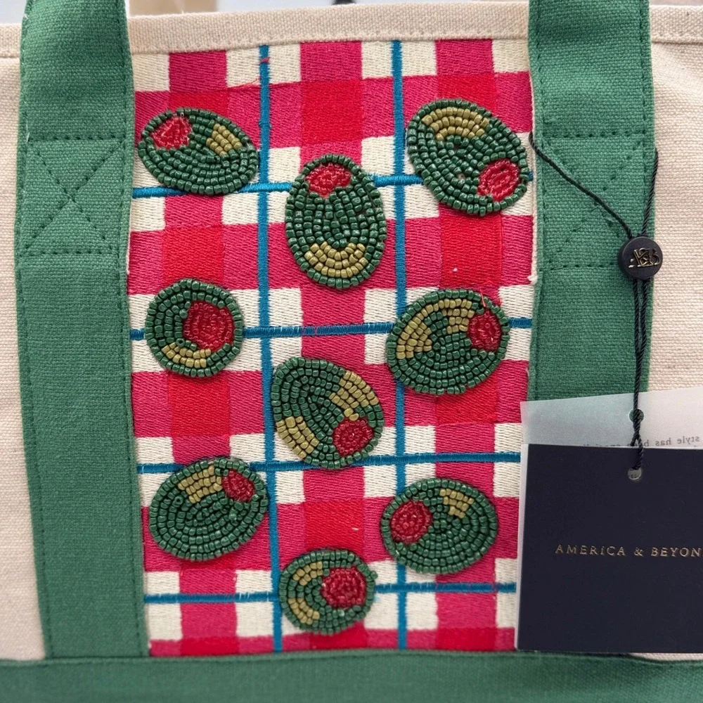 America & Beyond Beaded Olive Canvas Boat Tote Italian Picnic Market Bag NEW - Picture 3 of 7